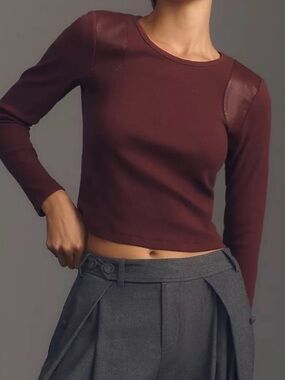 Maeve faux leather shoulder Long-Sleeve Ribbed crew neck in Burgundy
